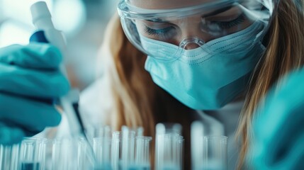 Wall Mural - a scientist in a laboratory setting is using a pipette to work with various test tubes, symbolizing 