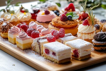 Exquisite dessert platter with a variety of fine pastries and intricate decorations, presented on a stylish studio table