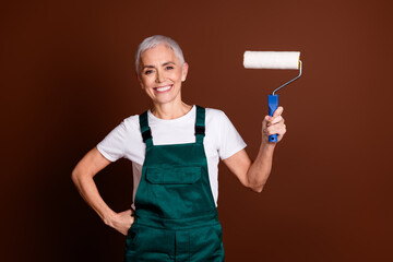 Sticker - Photo of cheerful lovely senior specialist woman wear green workwear hold brush isolated on brown color background