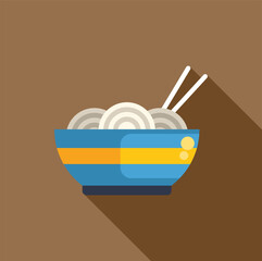 Canvas Print - Simple and colorful vector illustration of a bowl of noodles with chopsticks, casting a long shadow