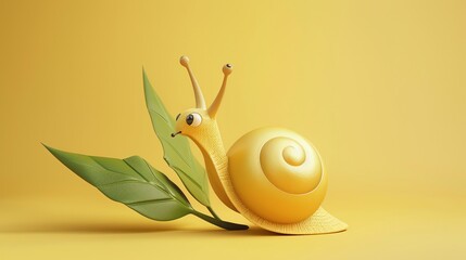 A yellow cartoon snail with large eyes on a yellow background.