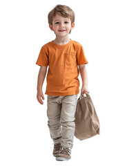 little boy in orange t-shirt walking with bag in hand