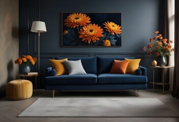 A dark blue velvet sofa with orange and yellow chrysanthemum flowers in a large framed artwork on the wall above it. The room is a moody.