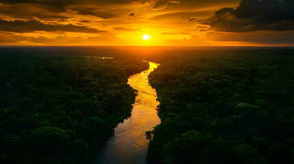 Wall Mural - A breathtaking sunset over a winding river in a lush forest.