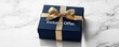 © Georgii - Elegant Black Friday mockup featuring a navy blue gift box with gold ribbon on a marble surface conveying an exclusive offer concept