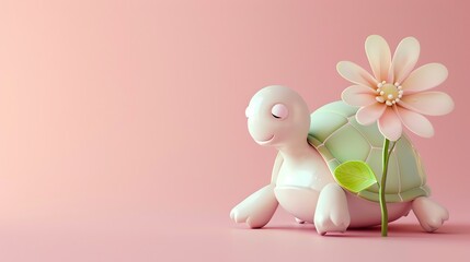 Wall Mural - A cartoon turtle with a flower behind it on a pink background.