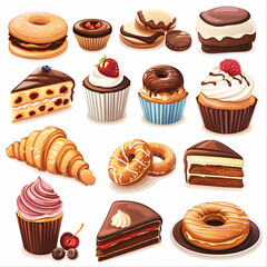 Various of sweets and desserts set and collection. chocolate cake, cupcakes, red velvet cake, apple pie, macarons, pretzel, donut, pastries, muffin, cookies, croissant. Bakery sweets isolated on white