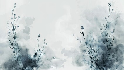 Wall Mural - Abstract grayscale watercolor landscape with foliage and plant details