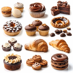 Various of sweets and desserts set and collection. chocolate cake, cupcakes, red velvet cake, apple pie, macarons, pretzel, donut, pastries, muffin, cookies, croissant. Bakery sweets isolated on white