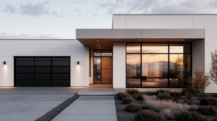 A contemporary home boasting expansive glass windows, a sleek garage door, and a well-maintained front yard pebble garden at sunset, evoking a sense of calm and luxury.