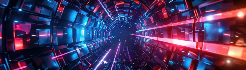 Poster - Futuristic tunnel with vibrant blue and red lights creating a dynamic, mesmerizing atmosphere for technology and sci-fi themes.