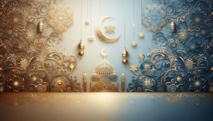 Wall Mural - Festive Islamic background with a mosque, crescent moon and stars against a backdrop of gold and blue floral patterns.