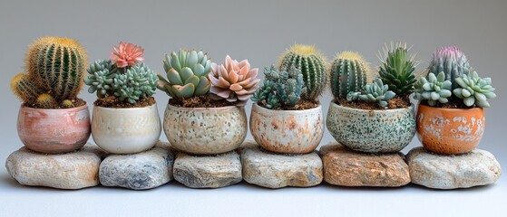 Wall Mural - Seven Succulents in Unique Ceramic Pots on Stone Base