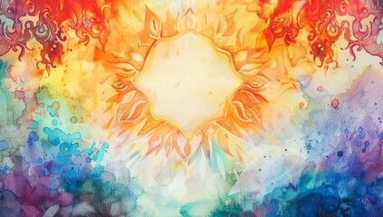 Radiant watercolor sun with vibrant yellow and red hues