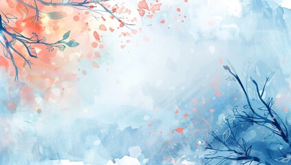 Wall Mural - Abstract watercolor landscape with soft blue sky and tree branches