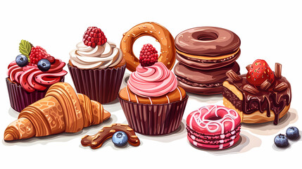 Various of sweets and desserts set and collection. chocolate cake, cupcakes, red velvet cake, apple pie, macarons, pretzel, donut, pastries, muffin, cookies, croissant. Bakery sweets isolated on white