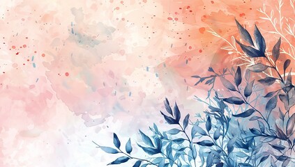 Wall Mural - Abstract watercolor background with blue leaves and soft pink sky