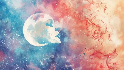 Mystical watercolor illustration of the moon and stars in a red and blue sky