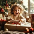© Ninat - A child excitedly opening a gift on Christmas morning, surrounded by wrapping paper and ornaments