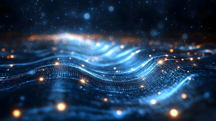 Wall Mural - A digital abstract representation of flowing waves with glowing particles.