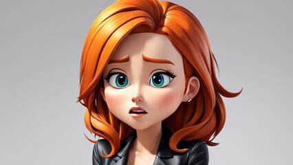 Wall Mural - Realistic 3D image of an animated girl character looking perplexed. In the expression, there are elements of confusion, worry, anxiety, distrust, and bitterness.  