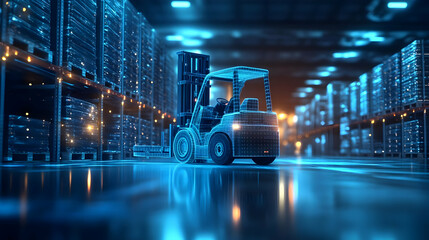 Poster - A digital rendering of a forklift in a warehouse setting.