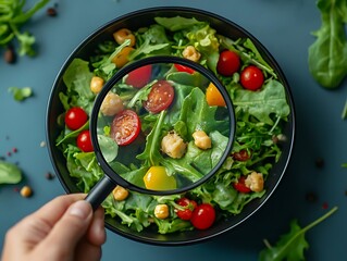 Poster - Exploring Healthy Eating: Photo of Fresh Salad with Magnifying Glass, Highlighting Vibrant Greens, Tomatoes, and Chickpeas