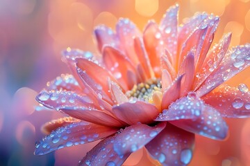 Canvas Print - Pink Flower Dewdrops Macro Photography - Floral Bloom, Nature Background, Delicate Petals, Water Drops, Bokeh, Spring, Summer, Close Up, Pink, Orange, Yellow