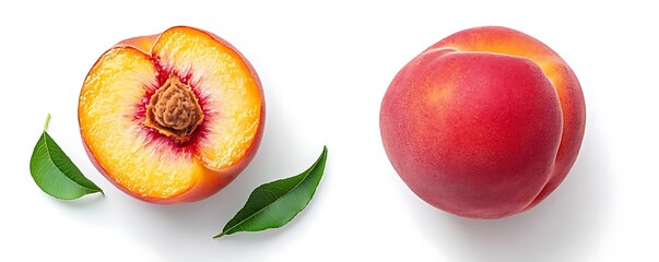 Poster - Ripe Peach Photo - Whole Peach and Peach Half with Pit and Leaves