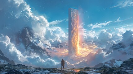  a man looking at the monolith that floating in the sky, digital art style, illustration painting