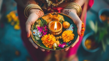 Tradition Indian woman holding a plate decorated with oil lamp, sweet food, flowers, and religious offering on the occasion of Karwa Chauth festival