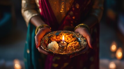 Wall Mural - Tradition Indian woman holding a plate decorated with oil lamp, sweet food, flowers, and religious offering on the occasion of Karwa Chauth festival