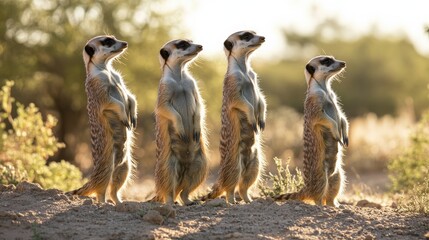 A group of meerkats standing on alert in a protected desert reserve, showcasing their natural behavior in a secure habita