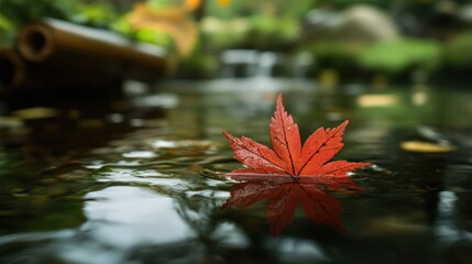 Red maple leaves floating on the river. The background is blurred