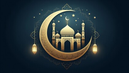 Wall Mural - Golden crescent moon with mosque silhouette and lanterns on a dark blue background with intricate pattern.