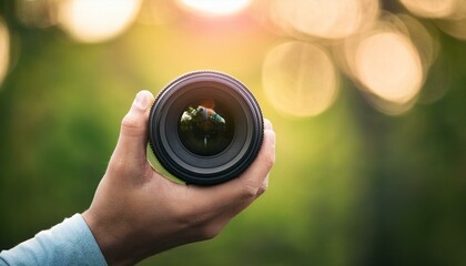 Holding a camera lens in hands, photography technology