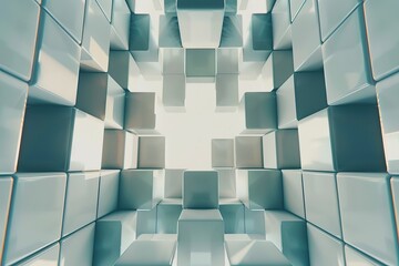 Random shifted white cube boxes block background wallpaper banner with copy space, minimalistic, film, fisheye, twilight, grid, analog, heightened surrealism, soft lighting