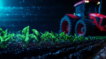 A vibrant farm scene featuring a modern tractor and lush crops under dramatic lighting.