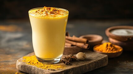 Chilled turmeric lassi in a glass, frothy top with a sprinkle of turmeric and spices, on a rustic wooden board with ingredients like milk and yogurt, traditional and healthy