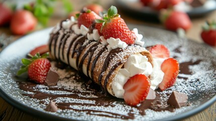 Chocolate mille crepes roll filled with sweet strawberries and whipped cream, topped with a delicate dusting of chocolate for a rich, indulgent dessert