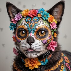 cat with colorful sugar skull face paint. Canine with festive Day of the Dead mask. Concept of celebration, Halloween, cultural tradition, pet costume, Dia de los Muertos makeup, celebration