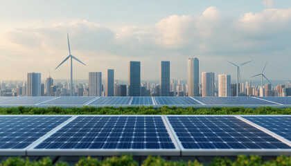 A panoramic view of solar panels and wind turbines in an urban setting, showcasing sustainable energy in a modern cityscape.