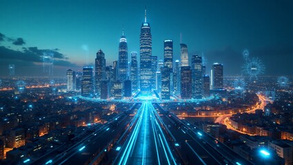 Wall Mural - Smart City Concept a futuristic city skyline with digital overlays showing smart grids, autonomous vehicles, and IoT devices, representing a smart city powered by information technology.