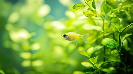 Close-up of a tiny fish darting among lush green aquatic plants in an aquarium, capturing the serene underwater beauty in Chonburi, Thailand