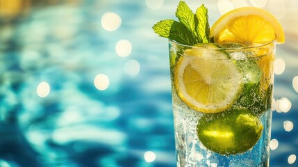 Close-up of a vibrant cocktail with lemon, lime, and mint, served in a tall glass beside a sparkling pool, sun reflecting off the water, perfect for a summer day