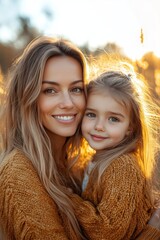 Portrait of beautiful mother with love hugging her daughter in bright yellow sunlight in the park. Happy family life, Generative AI