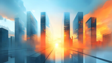 A futuristic cityscape at sunset with reflective buildings.