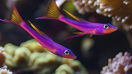 Close-up of two Purple Firefish, Nemateleotris decora, hovering near a coral formation, their elongated bodies and striking dorsal fins fully displayed