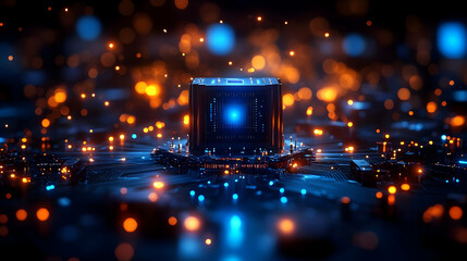 Poster - A futuristic microchip surrounded by glowing particles.