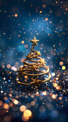 Luxury christmas and happy new year concept background,paper cut style, glittering gold christmas tree with stars on dark blue bokeh background